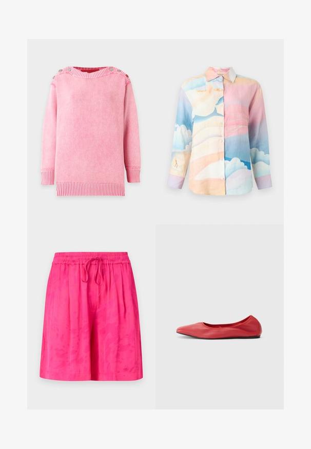 Pull en maille rose à manches longues avec poignets et ourlet côtelés, présentant des boutons le long des coutures des épaules.; Chemise boutonnée avec motif pastel ciel et nuages dans des tons rose, bleu et beige, dotée d'un col classique et de manches longues.; Shorts roses avec une taille élastique et un cordon de serrage, présentant une texture lisse et un motif tie-dye subtil.; Filippa K REY FLATS - Ballerines - bright red
