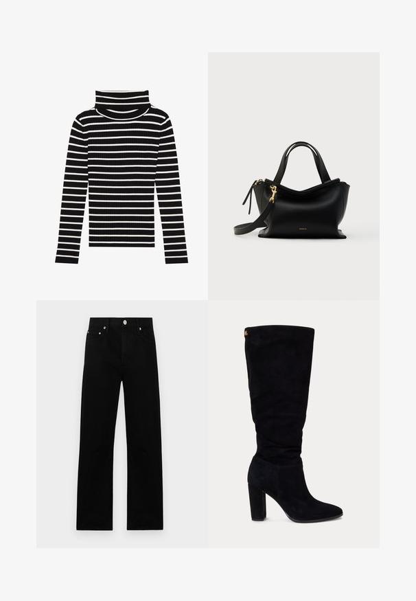 Stribet sort/hvid turtleneck sweater, ribbet tekstur, tætsiddende design, lange ærmer, høj krave, jævn afstand mellem striberne.; Sort denim vidbenede jeans med høj talje, fem lommer og sølvfarvet hardware. Glat tekstur, rene linjer og ingen synlige mønstre.; Sort ruskind knæhøj damesko med blokhæle og spids tå, med et lille gyldent logo tag tæt på øverste bagside.; Sort læderhåndtaske med kurvet design, guldfarvet hardware, korte håndtag og aftagelig skulderrem. Har en glat tekstur og logo detalje.