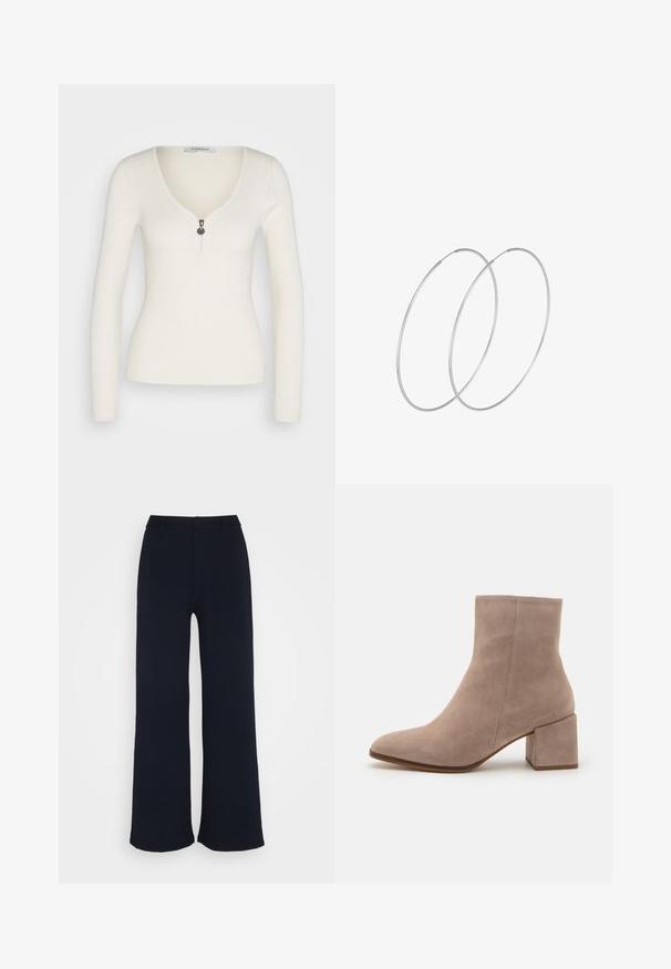 Geribbelde langemouwen top in off-white met een diepe V-hals en een zilveren ritssluiting aan de voorkant. Glad textuur met een getailleerd silhouet.; Marineblauwe wijde broek gemaakt van zachte stof, met een platte tailleband en zonder zichtbare zakken, met een gladde, ongezande afwerking.; Beige suede enkelboot met een spitse neus en een chunky vierkante hak. Het oppervlak is glad met een zachte textuur en minimale details.; Zilveren hoepel oorbellen met een minimalistisch ontwerp. Cirkelvormig, gladde textuur en dun profiel. Lichtgewicht met een gepolijste afwerking.