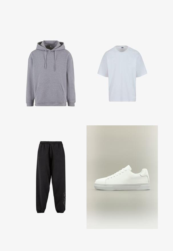 Sudadera gris con bolsillo canguro, capucha con cordón, mangas largas y puños y dobladillo acanalados. Fabricada con un tejido suave y texturizado.; Camiseta de algodón blanca con cuello redondo, mangas cortas y corte recto. Presenta sutiles detalles de costura en los hombros.; Pantalones de chándal negros hechos de una tela suave con una cintura elástica. Tobillos entallados y detalle de texto impreso en un lado. Corte casual y relajado.; Zapatilla blanca de corte bajo con cierre de cordones, cuello acolchado y suela de goma texturizada, mostrada de perfil sobre un fondo neutro.