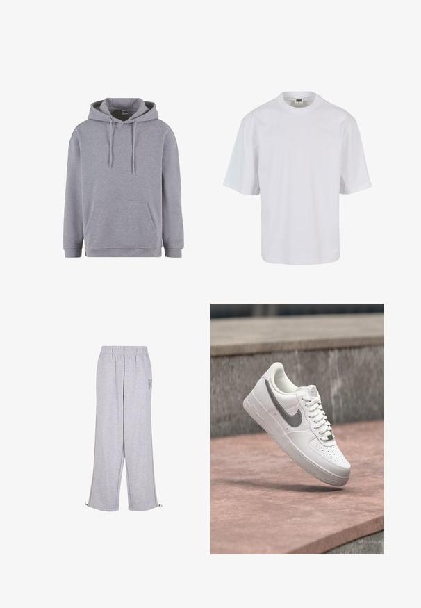 Haut à capuche gris avec une poche kangourou, capuche avec cordon de serrage, manches longues et bords côtes au niveau des poignets et de l'ourlet. Fabriqué dans un tissu doux et texturé.; T-shirt blanc à manches courtes en coton. Il présente un col rond et une coupe ample, avec une texture lisse et sans motifs ni graphiques visibles.; Karl Kani Pantalon de survêtement - grey; Baskets blanches Nike Air Force 1 avec logo swoosh gris flottant au-dessus d'une surface en pierre et un mur en pierre gris en arrière-plan.