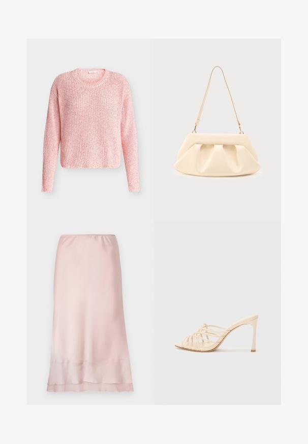 Pull en tricot rose clair avec manches longues et col rond, présenté sur un fond gris neutre.; Jupe midi en satin rose clair avec taille élastique et détail de ourlet superposé, présentée sur un fond blanc uni.; Mules à talons hauts beiges avec un design à lanières. Présentent un bout carré, une texture lisse et un talon élancé avec un accent doré à la base.; Sac à main en cuir couleur crème avec des plis froncés, des ferrures dorées, et une seule bandoulière fine sur un fond uni.