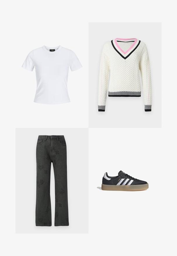 Suéter de punto grueso color crema con cuello en V, con ribete acanalado a rayas rosa y negro y franjas horizontales en contraste en negro y blanco en el dobladillo.; Camiseta blanca ajustada de manga corta con cuello redondo y una pequeña etiqueta negra en el interior del cuello.; Vaqueros negros de pierna ancha con estampados desgastados de flores, corazones y mariposas, cierre frontal con botón y diseño de cinco bolsillos.; Zapatilla deportiva de cuero negro con tres rayas plateadas, punta texturizada y suela de goma. Cuenta con un collar acolchado y un diseño con cordones.