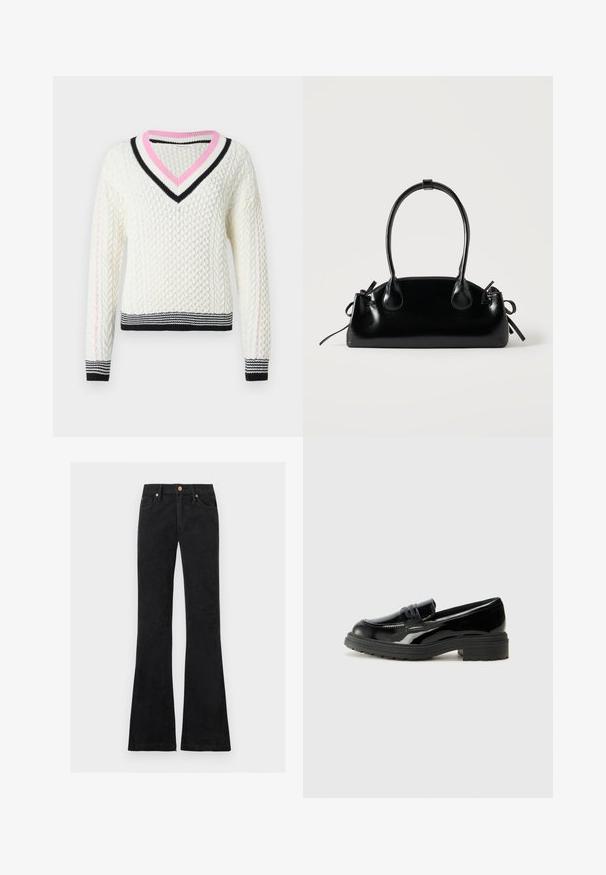 Pull en maille torsadée crème avec col en V, bordure côtelée rayée rose et noire, et rayures horizontales contrastantes noires et blanches à l'ourlet.; Jean noir taille haute avec jambes évasées, fermeture devant par bouton et zip, et design à cinq poches.; Mocassins en cuir verni noir avec une semelle en caoutchouc noir épaisse, présentant un empeigne cousue et une surface lisse et brillante.; Petit sac à main noir brillant avec deux longues anses et des détails à cordon sur les côtés sur un fond clair uni.