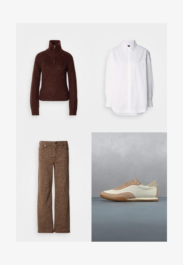 Brun strikket sweater med højt krave og en halv lynlås. Struktureret mønster med stænk af rød og hvid i hele. Tætpasformet silhuet.; Hvid langærmet skjorte lavet af bomuld, med en knap-ned krave, frontknapper og en afslappet pasform med subtile syninger.; Brune bredbenede bukser med et sort leopardprintmønster, lavet af et blødt stof med en glat tekstur og klassisk knaplukning.; Sneaker i creme og beige med tekstureret overdel, snørebånd og gummisål, vist oven på en træoverflade med småsten.