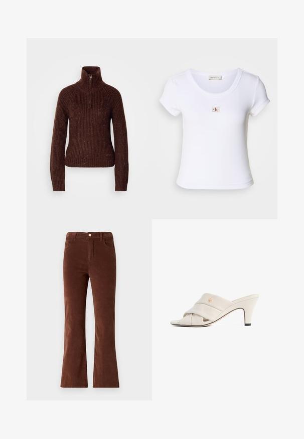 Pull en maille marron avec un col montant et une demi-fermeture éclair. Motif texturé avec des éclats de rouge et de blanc. Silhouette ajustée.; T-shirt ajusté blanc en tissu côtelé, avec un col rond et des manches courtes. Un petit logo CK est brodé sur la poitrine.; Pantalons évasés en velours côtelé marron avec une taille mi-haute, dotés d'une fermeture à bouton et de deux poches avant. Texture lisse et couleur uniforme.; Mules à talons hauts beiges avec un design de bride en cuir torsadé, bout ouvert et motif de logo en relief. Le talon présente un détail d'embout noir.