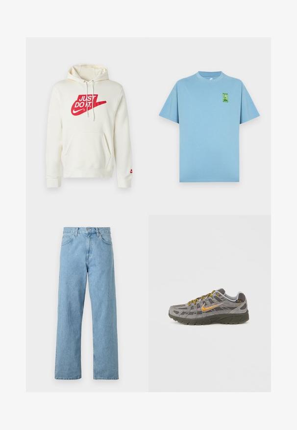 Krémová mikina s kapucňou z bavlnenej zmesi, s červeným logom "JUST DO IT." a kapsou na brušku. Obsahuje šnúrky na stiahnutie a rebrované manžety.; Svetlomodré bavlnené tričko s okrúhlym výstrihom a krátkymi rukávmi, s zelenou kartúnovou nášivkou na ľavej strane hrudníka.; Svetlomodré džíny z denimového materiálu so strihom rovných nohavíc, piatimi vreckami, zapínaním na gombík a zips a s mierne vyblednutým povrchom.; Šedá semišová teniska so zlatými akcentmi, textúrovanými panelmi a zladenými šnúrkami. Má polstrovanú podrážku a detail loga na boku.
