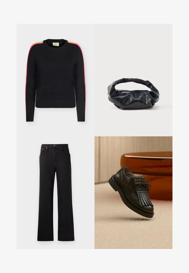Sort crewneck-sweater med lange ærmer og neon-regnbuestriber, der løber fra halsudskæringen til manchetterne på begge ærmer.; Højtaljede sorte denimjeans med klokkeformede ben, der har synlige syninger, fem-lomme design og detaljer i kobberfarvet metal.; Sort læder snøresko med dekorativ frynse og metalnitter placeret på beige tæppe nær brunt møbel.; Sort taske lavet af blankt, tekstureret materiale med et cirkulært, snoet håndtag og lynlås. Har et blødt, rynket design.