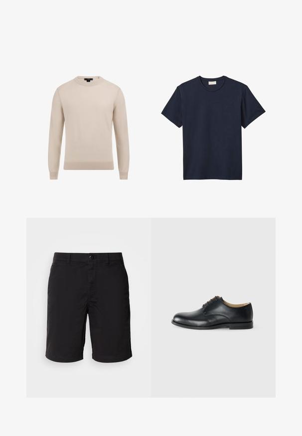 Bežs värgiga crew neck kampsun, mis on valmistatud pehmest kudumisest, omades pikki varrukaid ja soonikuid mansette, lihtsa ja klassikalise disainiga.; Tumesinine lühikese varrukaga puuvillane t-särk, ümar kaelus ja väike tikitud "cK" logo rinnal.; Mustad mustad kergedest kangast, millel on nuppe, standardne vöökoht ja sirge lõige. Ei ole mustreid ega nähtavaid aksessuaare.; Calvin Klein ESS DERBY - Paeltega jalanõud - triple black