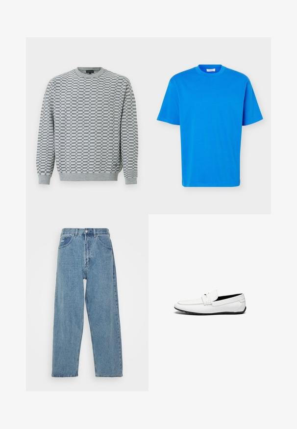 Grå striktrøje med ternet mønster. Rund halsudskæring, lange ærmer og ribbede manchetter. Blød tekstur, letvægtsdesign.; Lyseblå T-shirt med korte ærmer og rund hals med løs pasform samt hvid mærkeetiket indeni kraven.; Lyseblå denim jeans med høj talje og afslappet pasform, der har to forlommer, en baglomme og knaplukning.; Hvide læder loafers med en glat overflade, prydet med en syning, en rund tå og en sort gummisål for godt greb.