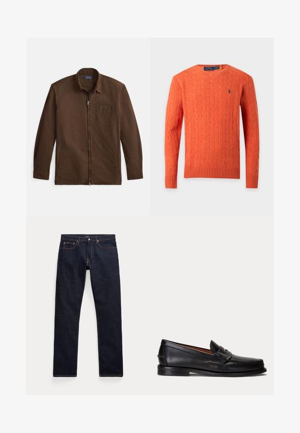 Oranje kabelgebreide trui met lange mouwen en een ronde hals, met geribbelde boorden en zoom, en een klein groen geborduurd logo op de borst.; Bruine jas met ritssluiting gemaakt van gestructureerde stof, met een kraag, voorzak en zijzakken. Minimalistisch ontwerp met lange mouwen.; Donkerblauwe denim jeans met vijf zakken, koperen klinknagels en contrasterende stiksels, plat gelegen tegen een witte achtergrond.; Zwarte leren loafer met lage hak en penny-strap detail, van opzij getoond op een lichtgrijze achtergrond.