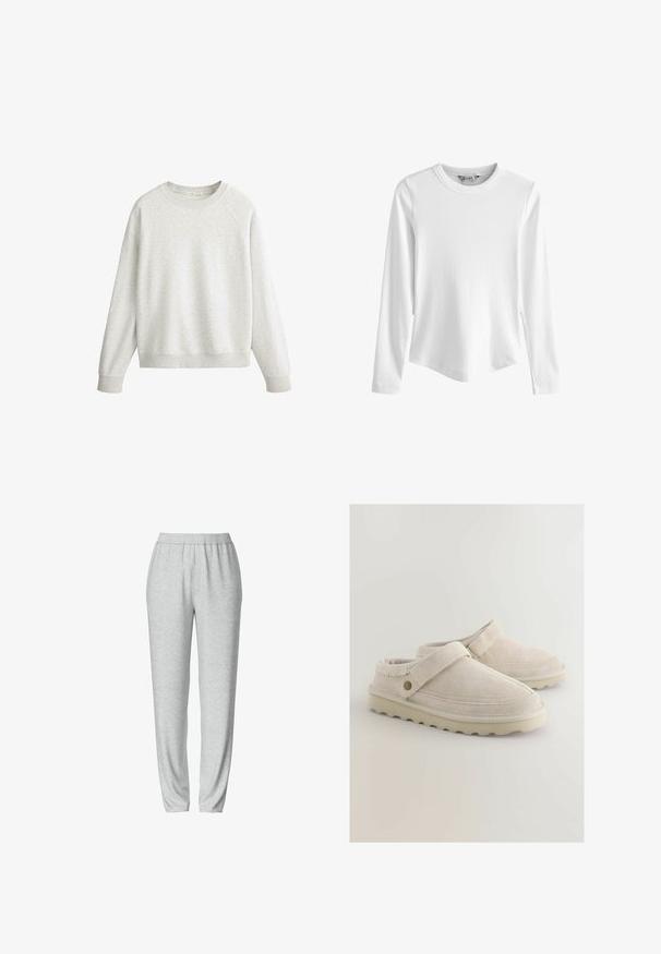Lichtgrijze crewneck-trui met lange mouwen, geribbelde manchetten en tailleband, gemaakt van zacht katoenen stof.; Wit geribd top met lange mouwen, ronde hals en licht gebogen zoom, afgebeeld tegen een effen witte achtergrond.; Grijze sweatpants met een elastische tailleband, taps toelopend ontwerp, zachte textuur en zonder zichtbare patronen of hardwaredetails.; Beige suède instappers met een platte rubberen zool, voorzien van een brede riem en gestikte details langs het bovenwerk.