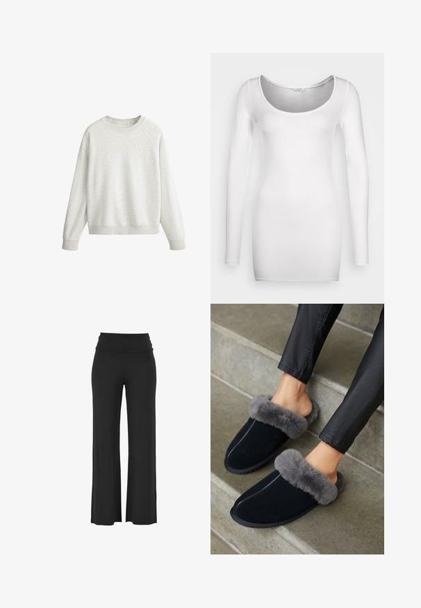 Lysegrå sweatshirt med rund hals og lange ærmer, med ribstrikkede manchetter og linning, lavet af blødt bomuldsstof.; Hvid langærmet top med rund halsudskæring, lavet af blødt, strækbart stof. Har en slim fit og en glat tekstur uden yderligere mønstre.; Sorte, brede bukser med et højt, draperet talje bånd lavet af et blødt, strækbart materiale, der har glatte, jævne syninger og ingen synlige mønstre.; Sorte ruskinds slippers med en grå faux fur manchet, rund tå og kontrastsyning. Blød tekstur og slip-on design for nem brug.