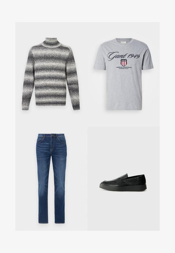 Grå og hvid stribet højhalset sweater med ribstrik i halsen, der tilbyder en blød tekstur og almindelige lange ærmer.; Grå bomulds t-shirt med korte ærmer, der har "Gant 1949" i kursiv skrift og et skjoldlogo med stjerner og striber.; Mørkeblå denimjeans med en klassisk lige pasform, fem-lomme design og let falmede detaljer på benene. Har knap- og lynlåslukning.; Calvin Klein HYBRID CUP - Loafers - triple black