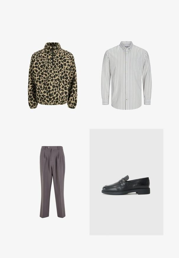 Fuzzy beige pullover med sort leopardprint, halv-zip krave og elastiske manchetter. Blød tekstur med en afslappet pasform.; Stribet skjorte i hvid og beige, med lange ærmer, knapkrave, frontlomme og en subtil tekstur i stoffet.; Grå plisserede bukser lavet af glat stof, med lige ben-design, en enkelt knaplukning og skrå sidelommer.; Sort læder penny loafer med lav hæl, rund tå og en remdetalje over overdelen, vist fra siden på hvid baggrund.