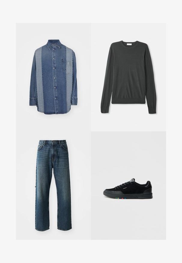 Un suéter de punto de manga larga en gris oscuro con cuello redondo, puños ajustados y un dobladillo acanalado. Textura suave sin patrones o adornos visibles.; Camisa de mezclilla con un diseño de dos tonos en secciones azul oscuro y claro, con botones en la parte frontal, cuello y un bolsillo en el pecho.; NN.07 OTIS - Vaqueros rectos - stonewashed; Zapatillas negras de ante con textura suave, con suela de goma negra y detalles multicolores en el lado lateral de la suela.