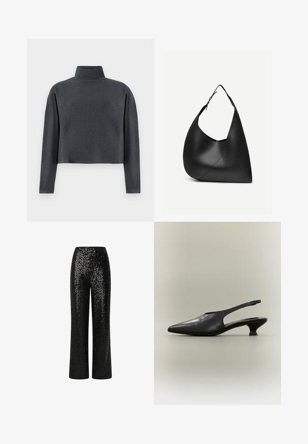 DRYKORN ASIRAL - Sweater - grey; Zwarte paillettentrousers met een recht model, voorzien van een gladde tailleband en reflecterende textuur, wat een schitterend effect creëert.; Zwarte leren slingback schoen met puntige neus en lage kittenhak op een neutrale achtergrond.; Zwarte leren schoudertas met gebogen driehoekige vorm, enkele verstelbare riem en zichtbare diagonale naad aan de voorkant.