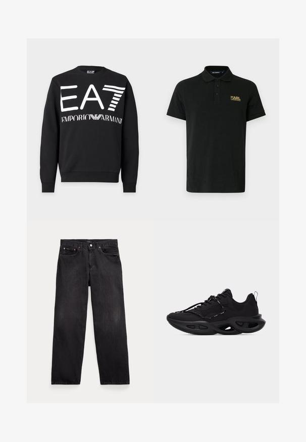Sudadera negra de manga larga con letras blancas en negrita EA7 y logo de Emporio Armani en el pecho sobre un fondo liso.; Camiseta polo negra de algodón con cuello clásico, tres botones y logo dorado "KARL LAGERFELD" en el pecho izquierdo. Mangas cortas.; Vaqueros negros de corte recto con cinco bolsillos, cierre de botón y remaches metálicos visibles en los bolsillos delanteros.; Zapatilla deportiva negra con parte superior de malla, suela gruesa y esculpida con recortes, cierre de cordones y tira para tirar en el talón sobre fondo blanco.