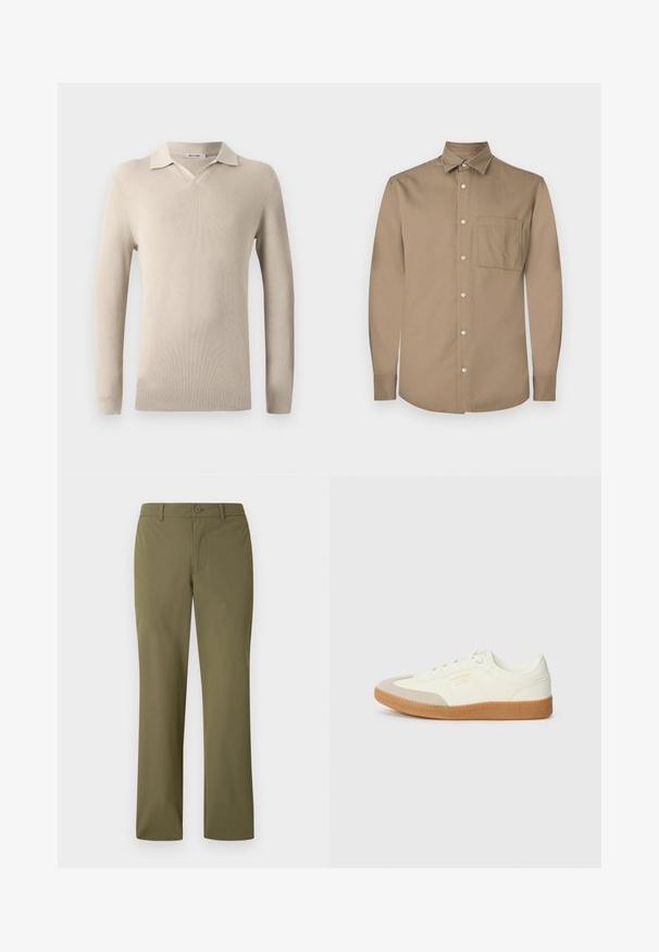 Polo beige à manches longues avec un col en V et texture côtelée. Tissu doux avec un col classique et une coupe ajustée.; Chemise marron à manches longues avec un devant boutonné, col pointu, poche poitrine simple et texture de tissu lisse et mate.; Pantalon kaki à jambes droites avec passants de ceinture, fermeture à bouton sur le devant, sans poches visibles, présenté sur un fond blanc.; Baskets en cuir blanc avec une coque beige et une semelle en caoutchouc marron clair. Dotées de lacets blancs plats et d'un logo embossé sur le côté.