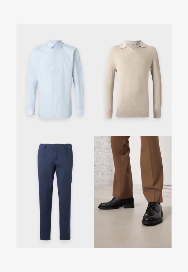 Camisa polo de manga larga beige con escote en V y textura acanalada. Tejido suave con cuello clásico y diseño ajustado.; Camisa de manga larga azul claro hecha de tela suave, con frente de botones, cuello estándar y puños abotonados.; Pantalones azul marino hechos de una tela ligera, con cierre de botón en la parte delantera, dos bolsillos laterales y un diseño de pierna recta.; Zapatos de cuero negro con superficie lisa y puntera redonda, que presentan cierre con cordones y una suela baja y plana. Combinados con pantalones marrones.