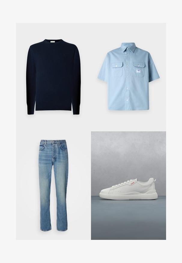 Navyblauwe trui met lange mouwen, gemaakt van zachte, gladde stof, met een ronde halslijn en aansluitende manchetten. Minimalistisch ontwerp, zonder patronen.; Lichtblauw kortarm shirt van katoen, met een puntig verstelbare kraag, twee borstzakken en een klein logo-opdruk nabij de linker zak.; Lichtblauwe rechte spijkerbroek met een hoge taille, een frontknop, ritssluiting en een vijf-pocket ontwerp.; Witte sneaker met een gladde leren afwerking, ronde neus, vier veterogen, subtiele perforaties en een rood logo detail aan de zijkant.