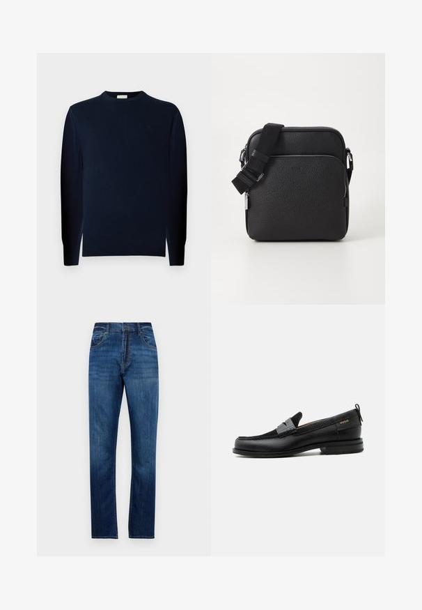 Ung mand med krøllet hår iført en mørk langærmet sweater og mørke bukser står foran en ensfarvet grå baggrund.; Blå lige ben denim jeans med fem lommer, bæltestropper og knaplukning, præsenteret på en enkel hvid baggrund.; Sort læderloafer med grå remdetalje, lav hæl og tekstureret sål, mærket med "HUGO" i guld på siden.; Sorth læder crossover taske med en tekstureret overflade, der har en frontlomme med lynlås, justerbar strop og metal hardware detaljer.