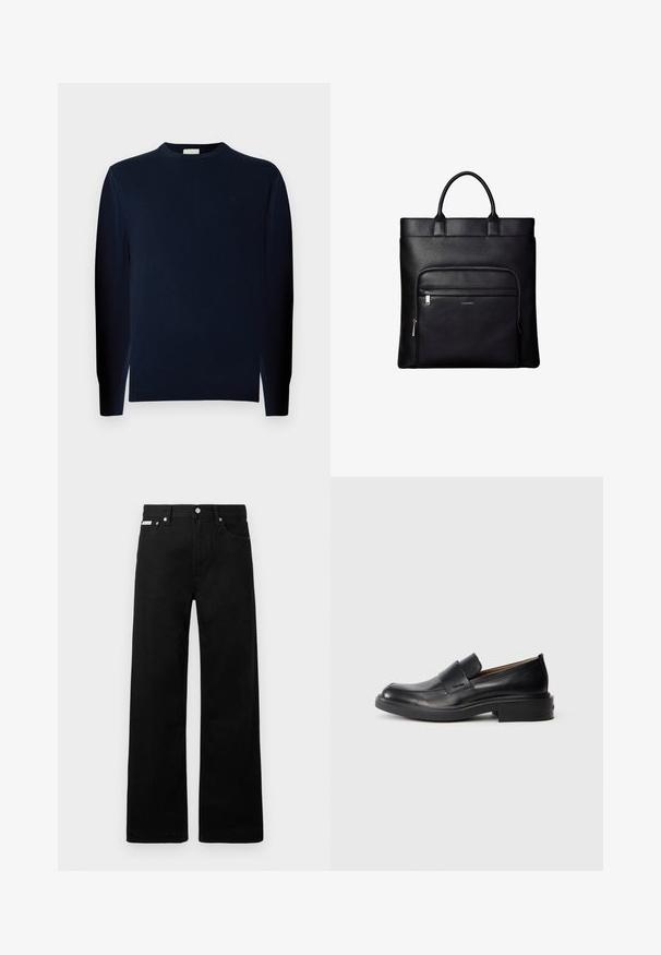 Junger Mann mit lockigem Haar, der einen dunklen Pullover mit langen Ärmeln und dunkle Hosen trägt, steht vor einem einfarbigen grauen Hintergrund.; Schwarze Denim-Hose im weiten Bein-Design mit fünf Taschen und metallenen Knopfdetails. Glatte Textur, ohne sichtbare Muster.; Schwarze Leder-Pantoletten mit niedrigem Absatz und dezentem Calvin Klein-Logo an der Seite, im Profil vor einem weißen Hintergrund dargestellt.; Schwarze Ledertasche „Tote“ mit oberen Griffen und vorderer Reißverschlusstasche mit kleinem Calvin Klein-Logo auf der Tasche.