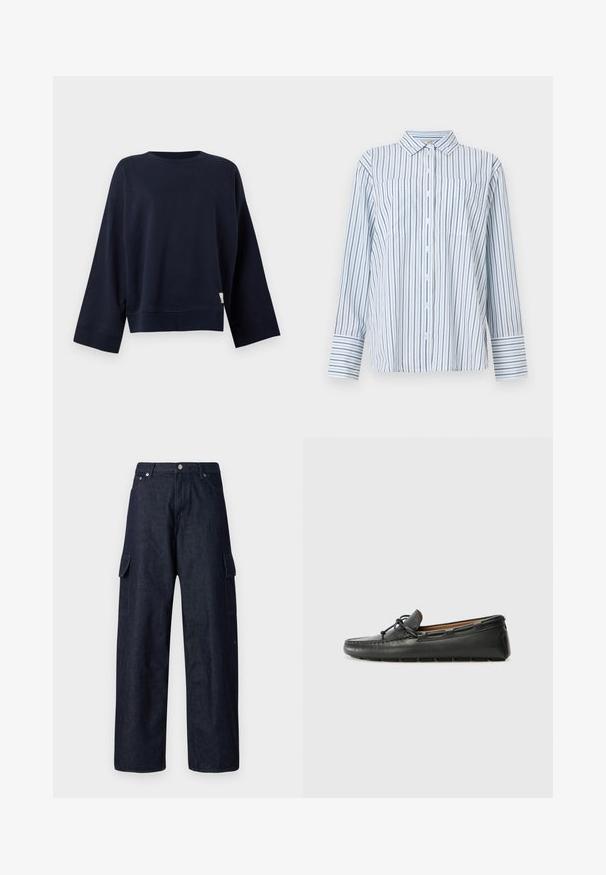 Sweat-shirt noir à manches longues avec col rond, coupe ample et larges poignets, présenté sur fond blanc uni.; Chemise à manches longues avec boutons, à rayures verticales bleues et blanches, avec un col pointu et de larges poignets rayés.; Pantalons cargo en denim sombre à jambes larges, dotés de deux poches latérales, d'une fermeture à bouton et d'une texture de tissu durable.; Bateau en cuir noir avec un bout arrondi, des détails de couture, un petit accent en nœud et une semelle en caoutchouc. Texture lisse et design épuré.