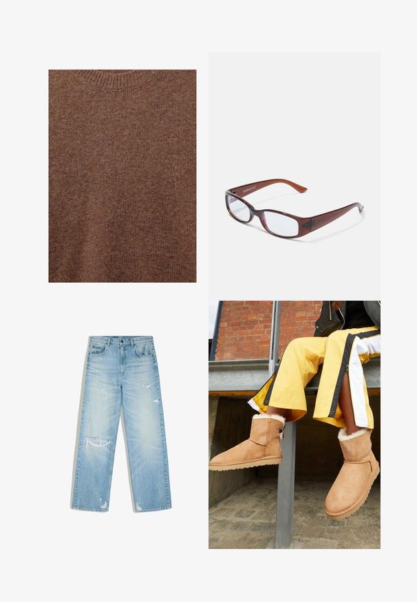 Pull marron en laine tricotée avec encolure ras du cou côtelée et tissu à texture douce.; Jean en denim bleu clair délavé avec une coupe droite, présentant des déchirures usées sur la cuisse, le genou et près des ourlets.; Bottines en suede marron clair avec doublure intérieure duveteuse et semelles en caoutchouc plates, exposées à côté d'un pantalon de sport jaune avec des rayures noires et blanches.; Lunettes rectangulaires teintées de brun avec une finition brillante, dotées de branches fines et de verres transparents. Logo visible sur la branche gauche.