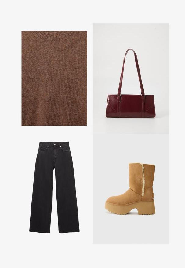 Pull marron en laine tricotée avec encolure ras du cou côtelée et tissu à texture douce.; Jeans larges noirs en denim, avec une taille haute, cinq poches, une fermeture à bouton et des détails de couture discrets.; UGG NEW HEIGHTS CUFF - Bottes de neige - chestnut; Sac à main bordeaux en matériau brillant, de forme rectangulaire, avec deux anses et des accents légèrement courbés à l'avant.