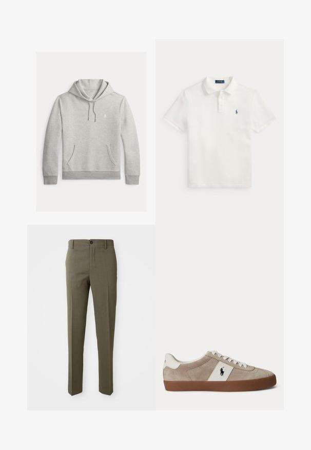 Lichtgrijze hoodie met lange mouwen, kap met trekkoord, kangoeroezak, geribde boorden en zoom, en klein wit Polo-logo op de borst.; Wit Ralph Lauren poloshirt met korte mouwen, drie knopen en een klein donkerblauw paardenlogo op de linkerborst.; Olijfgroene op maat gemaakte broeken met een gladde textuur, recht pijpdesign, enkele frontknop en zijzakken voor functionaliteit.; Beige suède lage sneaker met witte veters, wit lederen accent met zwart paardenlogo en een bruine rubberen zool.