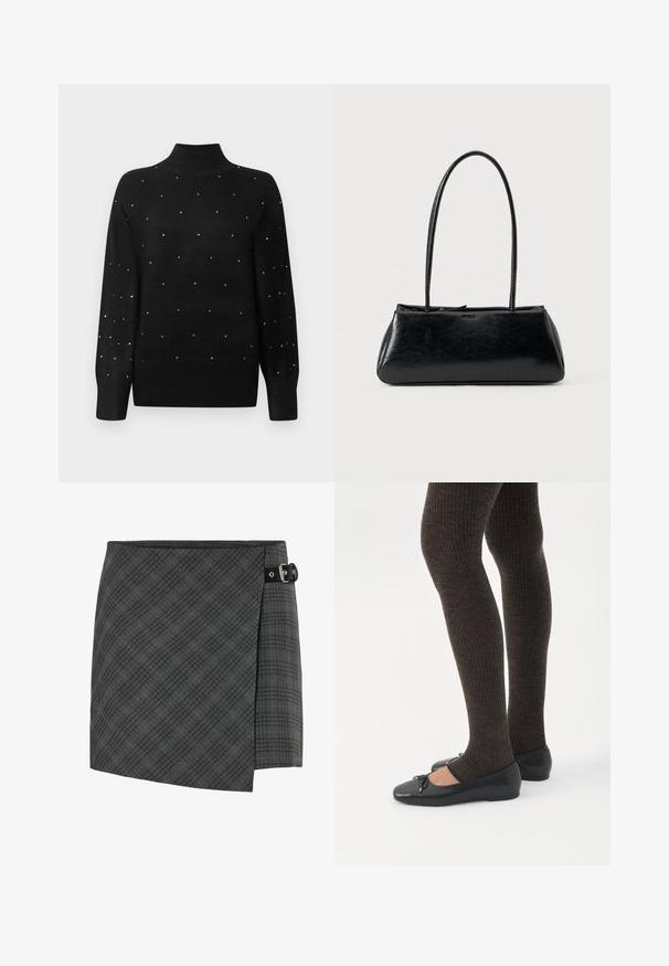 Suéter negro de cuello alto con un collar y mangas acanaladas, decorado con embellishments metálicos dispersos por todo el cuerpo.; Falda de lana a cuadros gris oscuro con detalle de hebilla negra en el lado derecho, dobladillo recto y un sutil patrón de líneas diagonales.; Piernas con leggings oscuros acanalados combinados con bailarinas negras que presentan pequeños detalles de lazo sobre un fondo blanco.; Bolso de hombro rectangular negro con correas largas y delgadas y una textura lisa y brillante sobre un fondo liso.