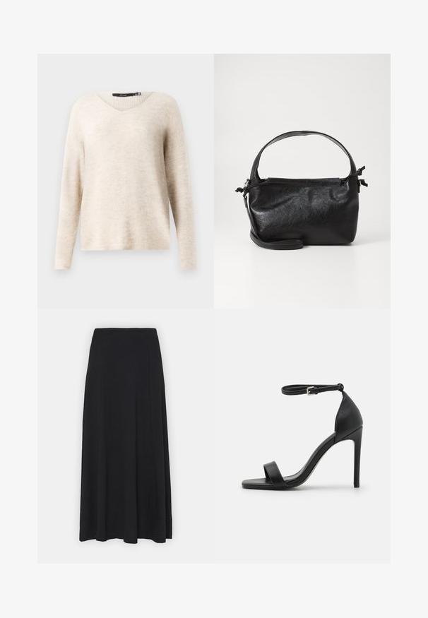 Pull beige à col en V avec des manches longues, fabriqué en tissu à maille texturée. Présente une coupe décontractée et des détails côtelés le long des bords.; Jupe maxi de couleur noire unie. Design évasé avec une texture lisse et une taille élastique. Aucune imprimé ni accent visible.; Sandale noire à talons hauts au design épuré, avec une bride au niveau de la cheville, un bout ouvert et une texture en cuir lisse.; Sac à main en cuir noir au design structuré, avec une poignée arrondie et une bandoulière amovible. Présente une texture lisse et un éclat subtil.