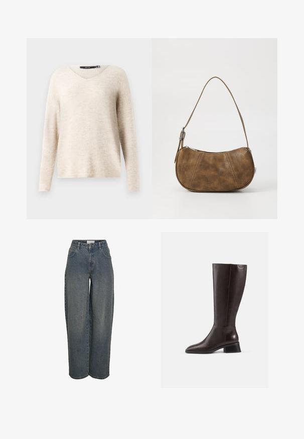 Beige v-hals sweater med lange ærmer, lavet af tekstureret strikstof. Har en afslappet pasform og ribbede detaljer langs kanterne.; Bredde denimjeans i mørkeblå, lavet af tekstureret bomuldsstof. Har for- og baglommer samt en lynlås og knaplukning.; Brune læderstøvler til knæene med en glat overflade, rund tå og en stablet sort hæl. Simpelt design med minimale hardwaredetaljer.; Brun faux læder skuldertaske med en buet form, en enkelt strop, kontrasterende syninger og en lynlåslukning langs den øverste kant.