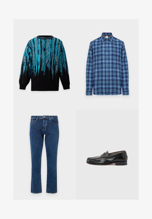 Pull tricoté à manches longues avec une base noire et des motifs géométriques verticaux bleus et gris, col, poignets et ourlet côtelés.; Chemise à manches longues à boutons avec un motif à carreaux bleu, vert et marine et deux poches poitrine à boutons sur fond blanc.; Jean en denim bleu foncé avec une coupe droite, cinq poches et un bouton métallique à la taille. Texture lisse avec une décoloration minimale.; Mocassins en cuir noir avec un design de style mocassin, présentant une bande décorative et un détail de couture sur le dessus. Talon bloc bas.