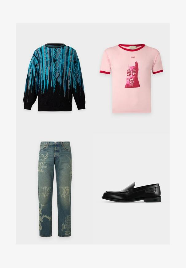 Pull tricoté à manches longues avec une base noire et des motifs géométriques verticaux bleus et gris, col, poignets et ourlet côtelés.; T-shirt rose clair à manches courtes avec bordure rouge, présentant un graphisme abstrait rouge avec yeux, mains, lèvres, et le mot « Bélier » au-dessus du design.; Jean en denim avec des imprimés graphiques délavés incluant un crâne cornu fumant, du texte abstrait et un squelette sur les jambes, vue de face.; Mocassin noir en cuir à enfiler avec un petit talon, un bout arrondi et des surpiqûres décoratives le long du bord supérieur.