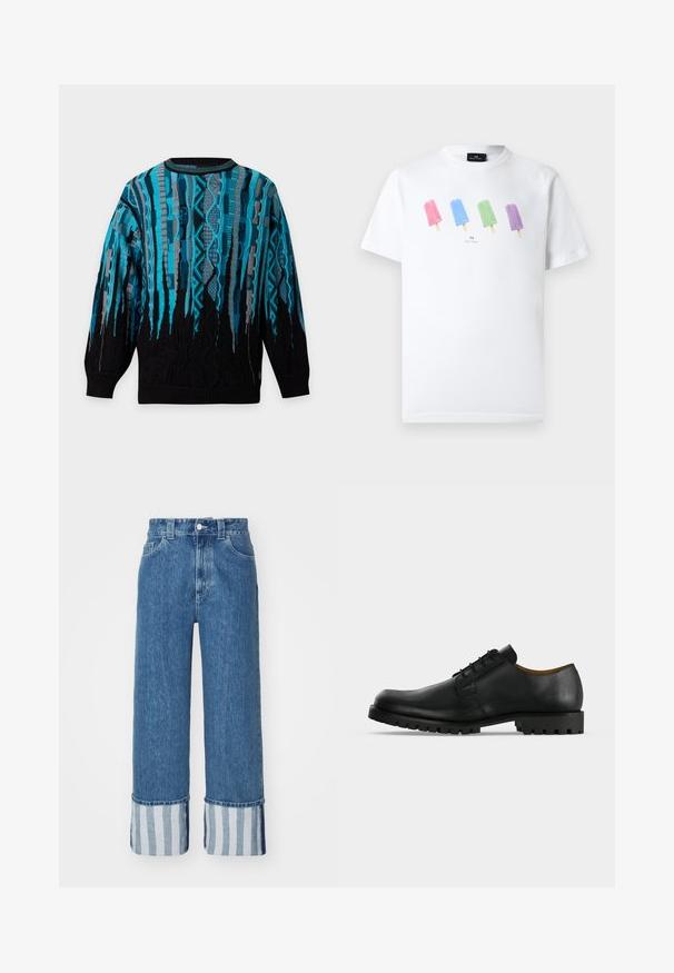 Langärmeliger Strickpullover mit schwarzer Basis und vertikalen blauen und grauen geometrischen Mustern, gerippter Halslinie, Bündchen und Saum.; Weißes T-Shirt mit kurzen Ärmeln und vier bunten Eis am Stiel Abbildungen in Pink, Blau, Grün und Lila quer über die Brust verteilt sowie kleinem Markentext darunter.; Weite Denim-Jeans in Mittelblau, mit einem Saum in Blau- und Weißstreifen. Klassisches Fünf-Taschen-Design mit Knopfverschluss.; Schwarzer Lederschnürschuh mit dicker, profilierter Sohle und niedrigem Absatz auf weißem Hintergrund dargestellt.