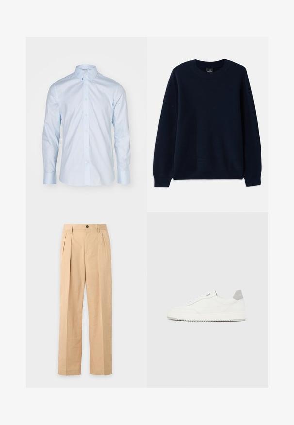 Suéter de canalé azul marino con cuello redondo y mangas largas. Presenta un patrón texturizado en toda la tela.; Camisa de manga larga azul clara con un cuello clásico, delantero abotonado y botones en contraste; hecha de una tela suave con un acabado nítido.; Pantalones beige plisados con cierre de botón y cremallera, trabillas para cinturón y piernas rectas y anchas.; Zapatilla blanca de corte bajo con pestaña en el talón gris, cordones blancos y suela texturizada, presentada sobre un fondo claro y liso.