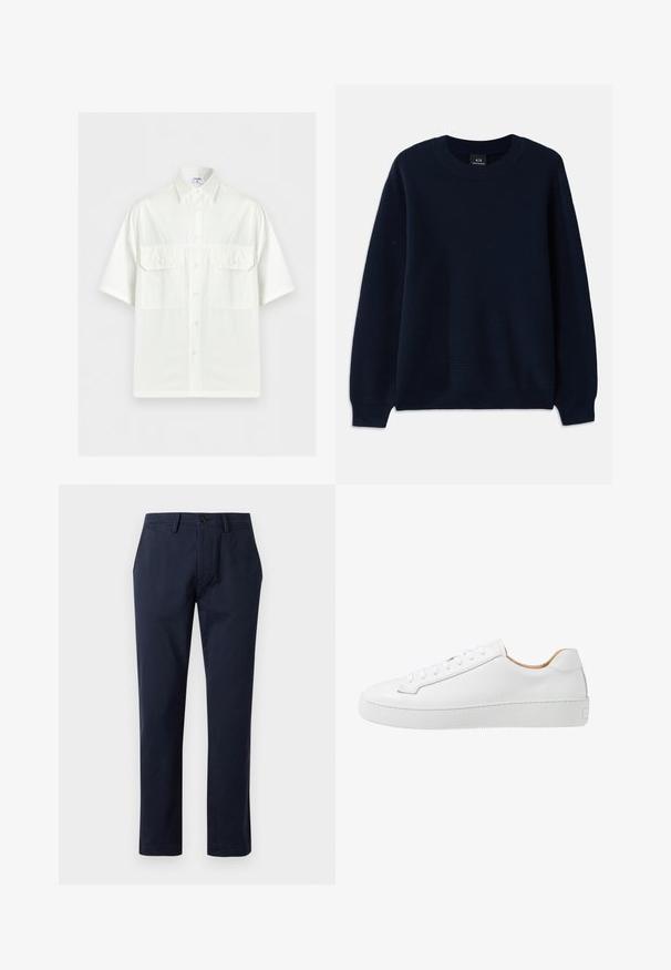 Pull en maille côtelée bleu marine avec un col rond et des manches longues. Présente un motif texturé sur tout le tissu.; Chemise blanche à manches courtes avec col et deux poches à rabat sur le devant, présentée sur un fond clair uni.; Pantalon bleu marine droit avec passants de ceinture, fermeture boutonnée sur le devant et poches latérales, présenté sur un fond uni.; Sneaker en cuir blanc avec une finition lisse, bout rond, design plat à lacets, et une semelle en caoutchouc épaisse présentant un motif de grip texturé.