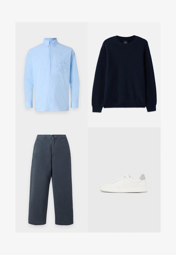 Navyblauwe ribgebreide trui met een ronde halslijn en lange mouwen. Heeft een textuurpatroon door de stof.; Lichtblauw longsleeve overhemd met knopen gemaakt van katoen, voorzien van een voorkeurszak met een gedetailleerd grafisch ontwerp. Gladde textuur met een standaard kraag.; Marineblauwe wijde broekspijpen gemaakt van katoen met een gestructureerde afwerking. Voorzien van riemlussen en zijzakken. Rechte snit met omzoomde randen.; Witte lage sneaker met grijze hielpatch, witte veters en een gestructureerde zool, gepresenteerd op een effen lichte achtergrond.