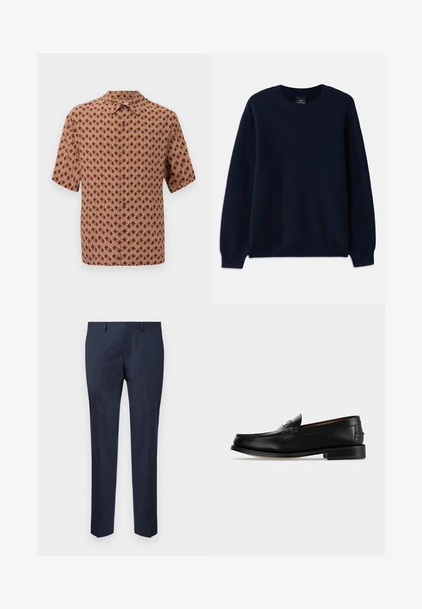 Marineblå ribbet sweater med rund halsudskæring og lange ærmer. Har et tekstureret mønster gennem hele stoffet.; Kortærmet skjorte i bordeaux med et detaljeret kridhvidt geometrisk mønster. Krave-design med knapper langs forsiden til lukning.; Skræddersyede navyblå bukser lavet af et glat stof. Har design med lige ben, flad front og sidelommer.; Sort læder herre loafer med lav hæl og mokkasinsyning på tåen, vist fra siden på en ensfarvet baggrund.