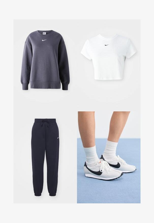 Sweatshirt gris foncé à manches longues, avec un col rond, un ourlet en maille côtelée et un logo Nike blanc sur la poitrine, fabriqué en mélange de coton doux.; T-shirt blanc court en coton, avec des manches courtes et un col rond, orné d'un logo Nike noir sur la poitrine.; Pantalon de survêtement Nike en bleu marine, fabriqué dans un matériau doux. Présente une taille élastique avec un cordon de serrage et des chevilles resserrées. Petite accentuation logo blanche.; Baskets en maille blanches avec des accents noirs, bout rond et semelle en caoutchouc plate. Associées à des chaussettes blanches côtelées.