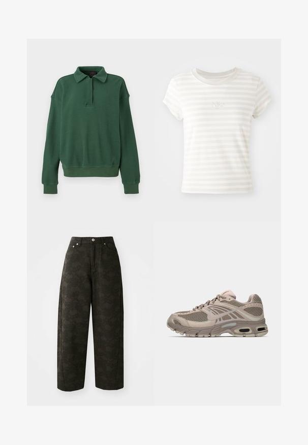 Groene waffle-gebreide pullover met een gekraagde halslijn, kwart-rits aan de voorkant, lange mouwen en geribde manchetten en zoom. Zachte textuur.; Witte gestreepte t-shirt met korte mouwen, gemaakt van zachte katoen. Heeft een ronde hals en een klein geborduurd Nike-logo op de borst.; Donkergroene wijde broek met een gestructureerd bloempatroon, vijf zakken en metalen knoopsluitingen in de taille.; Beige sportschoen met bovenwerk van mesh, gevormde accenten, ronde neus en zichtbare luchtkussens in de zool. Veters in een neutrale tint.