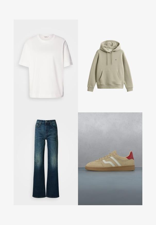 Sweat à capuche beige clair à enfiler avec poche kangourou à l'avant, cordon de serrage à la capuche, poignets et ourlet côtelés, et petit logo brodé sur la poitrine.; T-shirt en coton blanc avec des manches courtes, un col rond, une coupe décontractée et une texture lisse ; sans motifs ni éléments matériels visibles.; Jean large en denim bleu foncé, avec un délavage effacé et des plis subtils, design classique à cinq poches et une fermeture à bouton à la taille.; Baskets en daim beige avec un accent rouge au talon, des bandes blanches et une semelle en caoutchouc texturée beige clair. Muni de lacets et d'un intérieur lisse.
