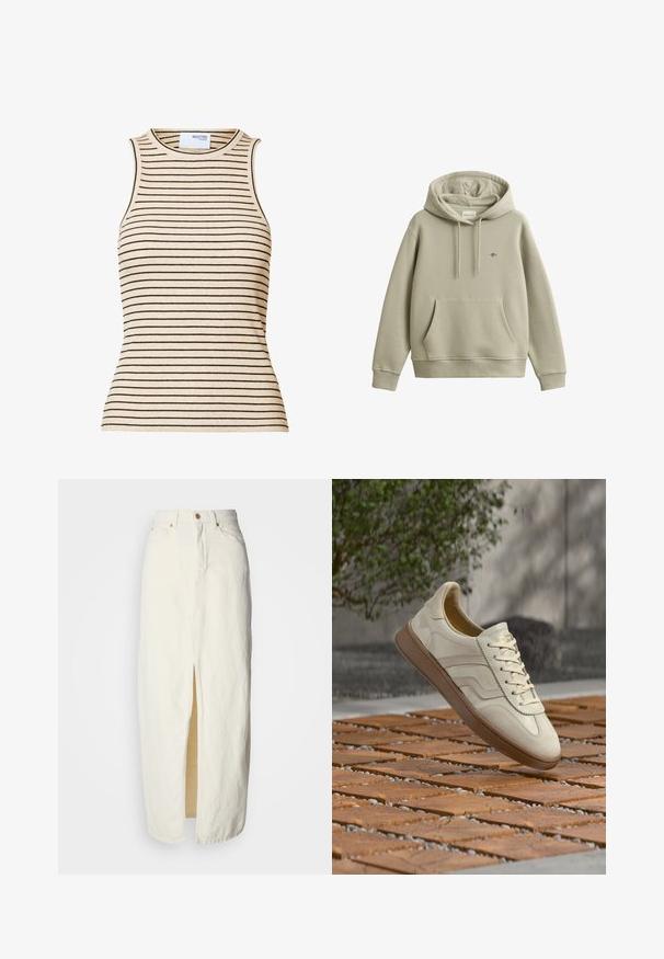 Vaaleanbeige vetoketjullinen huppari, jossa etutasku, kiristysnyöri huppuun, resorikahleet ja helma, sekä pieni kirjailtu logo rinnassa.; Hihaton beige ribbineulottu toppi, jossa on kapeita mustia vaakaraitoja ja pyöreä pääntie.; Valkoinen denimhame, jossa on etuhalkio, korkea vyötärö, kultaiset napit ja kaksi etutaskua. Yksinkertainen, suora leikkaus.; Kermanvärinen tennari, jossa on teksturoitu beige kumipohja, nauhoitettu malli ja hillitty sivumerkintä. Sileä nahkainen päällinen.