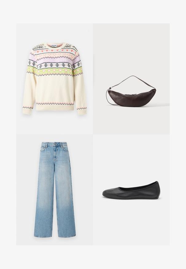 Kremfarvet strikket sweater med striber i pink, grøn og lilla, dekoreret med hjerter, fredssymboler og teksten "Moschino" på brystet og ærmerne.; Lyseblå brede jeans med høj talje, der har falmede ben, bæltestropper og traditionel metalknap samt lynlås lukning.; Sort læderballetsko med rund tå, glat tekstur, minimal syning og et fleksibelt såldesign.; Mørkebrun læder skuldertaske i halvmåneform med buet rem og synlige syninger på ensfarvet baggrund.