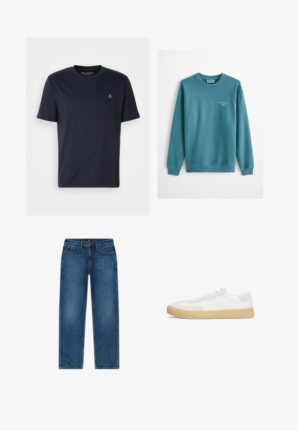 Mørkeblå crewneck-sweatshirt med lange ærmer og lille lyseblåt "Marc O'Polo Denim"-tekst på venstre bryst.; Mørkeblå bomulds t-shirt med korte ærmer, rund halsudskæring og lille broderet logo på brystet. Glat tekstur, afslappet design.; Blå denimjeans med en lige pasform, fem lommer og en messingknaplukning. Stoffet har en let falmet tekstur.; Hvide sneakers lavet af læder og ruskind, med snørestropper, en tan gummisål og et lille logo på siden.