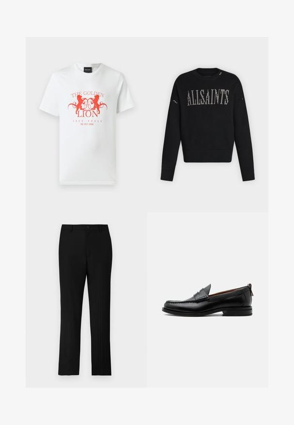 Sort strikket langærmet sweater med ribstrikkede manchetter og kant, med "ALLSAINTS" tekst i hvid korssting på brystet.; Hvid bomulds t-shirt med et rødt grafisk print af to løver og teksten "THE GOLDEN LION FREE HOUSE" i et cirkulært design. Korte ærmer.; Sorte skræddersyede bukser med lige snit, der har diskrete striber og en standard knaplukning i taljen.; Sort læder herre loafer med moc-tå syning, penny strop, struktureret krave og lav stablet hæl på hvid baggrund.