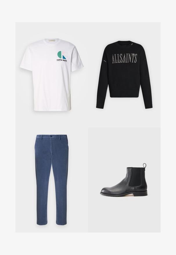 Sort strikket langærmet sweater med ribstrikkede manchetter og kant, med "ALLSAINTS" tekst i hvid korssting på brystet.; Hvid bomulds-t-shirt med et multicolor grafisk design med cirkulære former og "Calvin Klein" logo på forsiden. Korte ærmer, rund hals.; Blå bomuldsbukser med en glat tekstur, lige snit og knaplukning. Har bæltestropper og en forreste presning.; Sort læder Chelsea-boot med struktureret overdel, elastiske sidepaneler og en løfteløkke. Har en flad gummisål og design med rund tå.