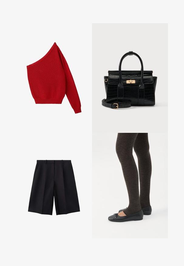 Pull en maille rouge à une épaule avec motif texturé et manche longue du côté droit.; Short noir longueur genoux, cintré, avec passants de ceinture, poches latérales et pli frontal sur fond blanc.; Jambes portant des leggings côtelés foncés associés à des ballerines noires avec de petits détails en nœud sur fond blanc.; Sac à main noir à texture crocodile, avec deux poignées, une bandoulière amovible et un fermoir rectangulaire doré sur le rabat avant.